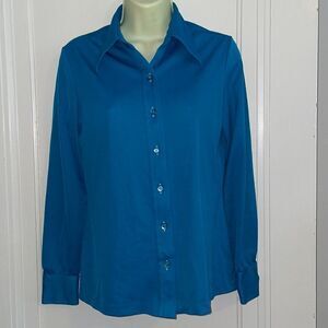 Vtg 70s Alex Coleman California teal blue knit polyester shirt